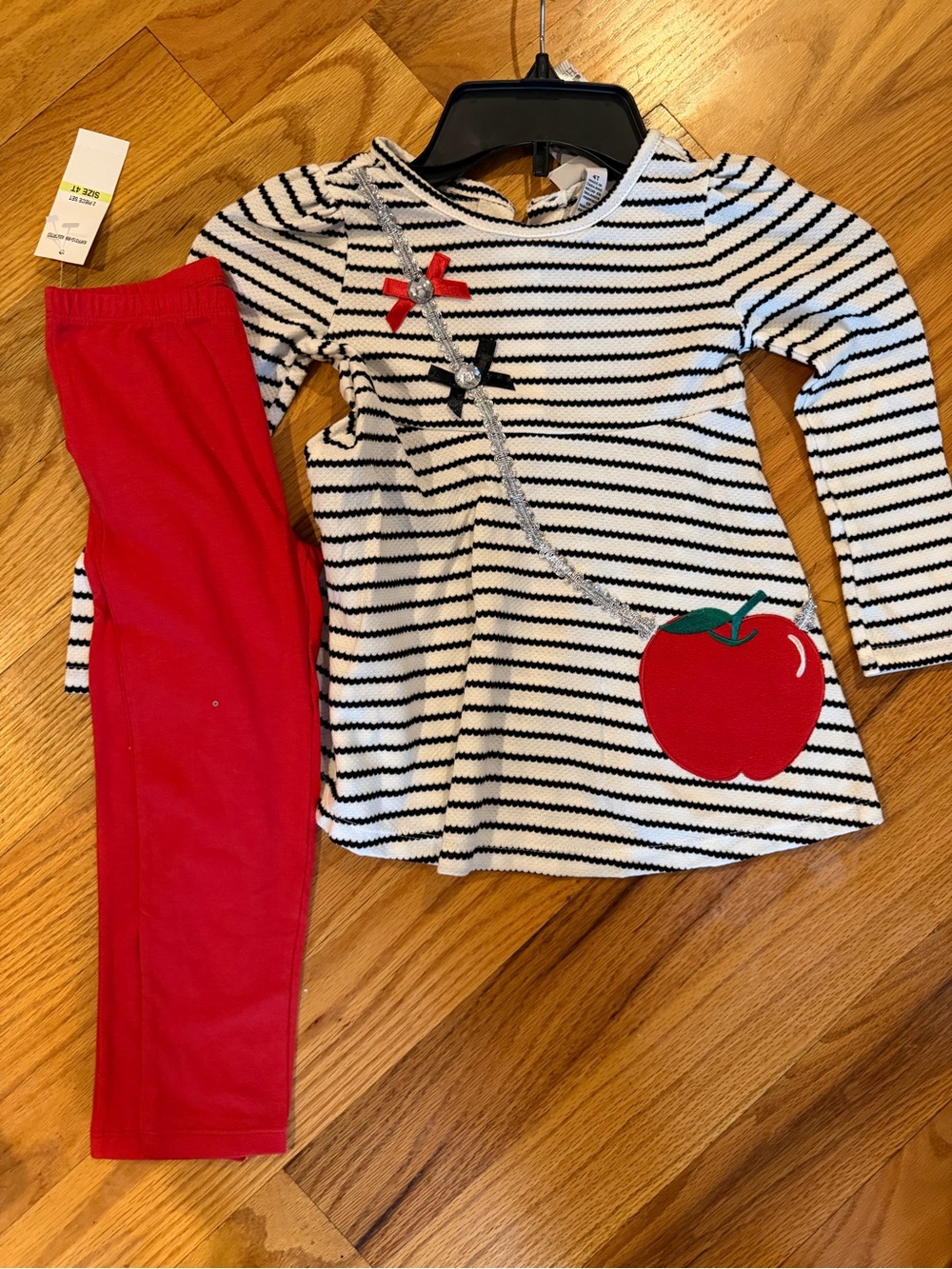 Kids Headquarters Black & White Striped Tunic with Red Apple and Red Leggings